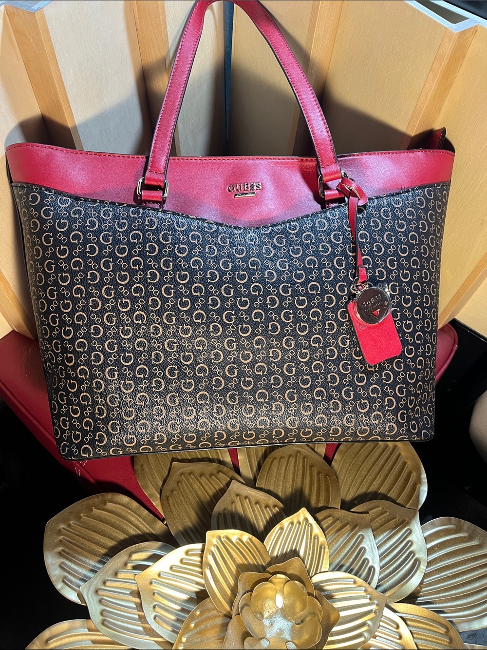 GUESS Brown Monogram Tote with Red Trim and Handles (P-5)